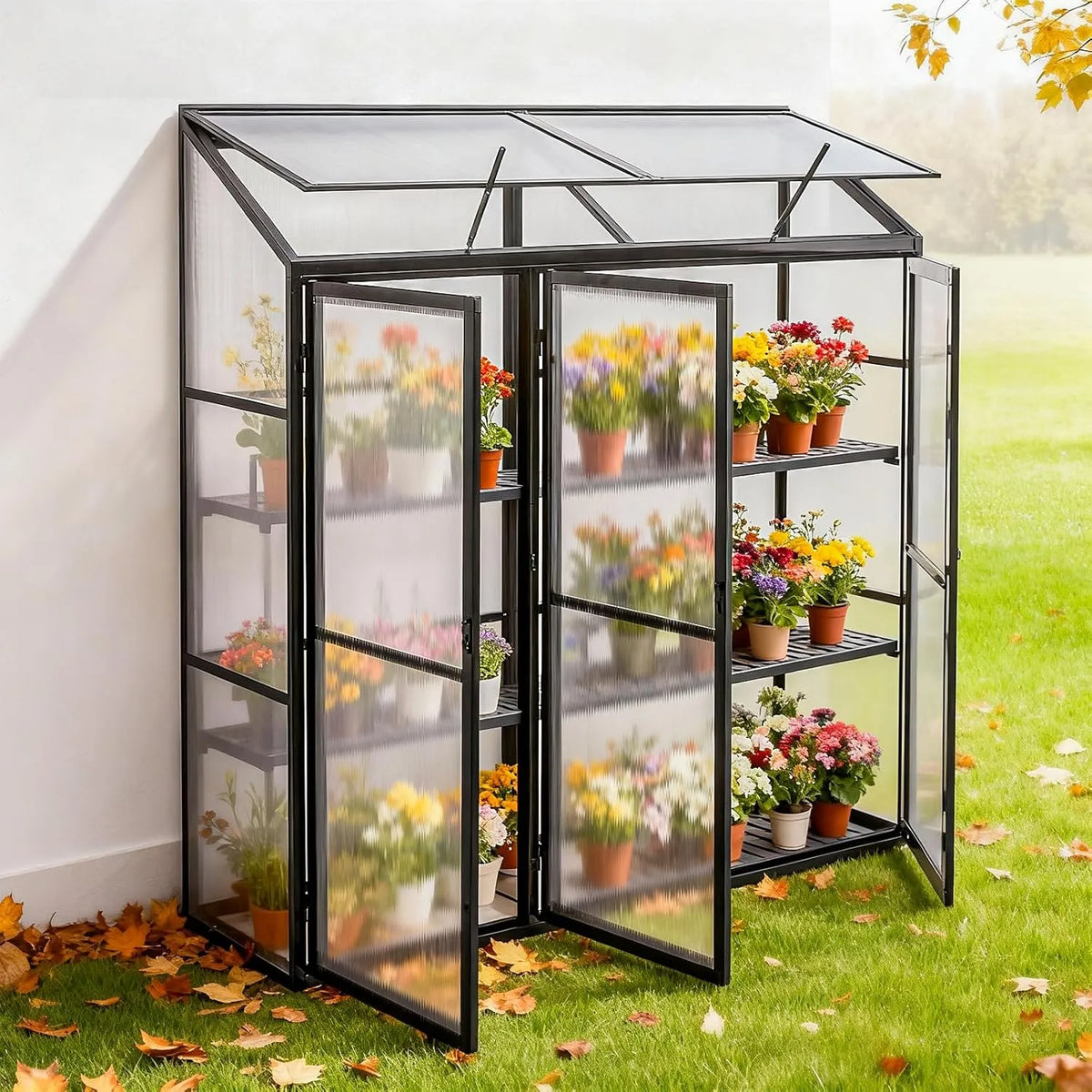 Gewächshaus, Aluminium Anlehngewächshaus Beistell Tomatengewächshaus klein Dreitürig Treibhaus 190x55X180 cm in Schwarz