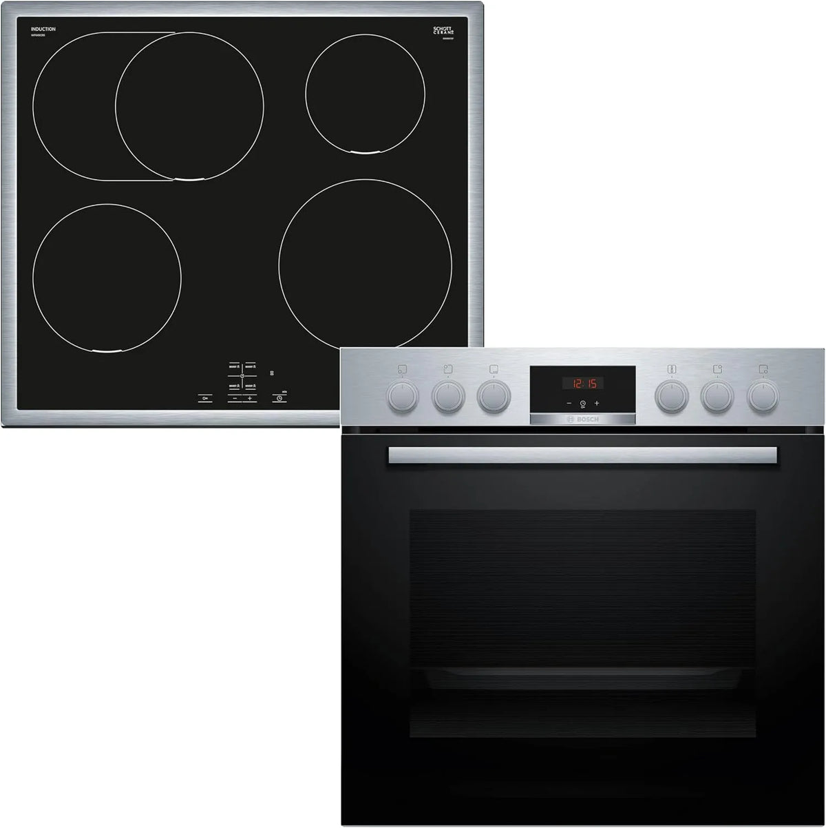 Bosch Induktionskochfeld HND415LS62 HEA513BS4 NIF645CB5E, Einbauherd-Set Serie 4, hend aus Herd, Maße 60 x 60 cm, 3D Heißluft, LED Display &