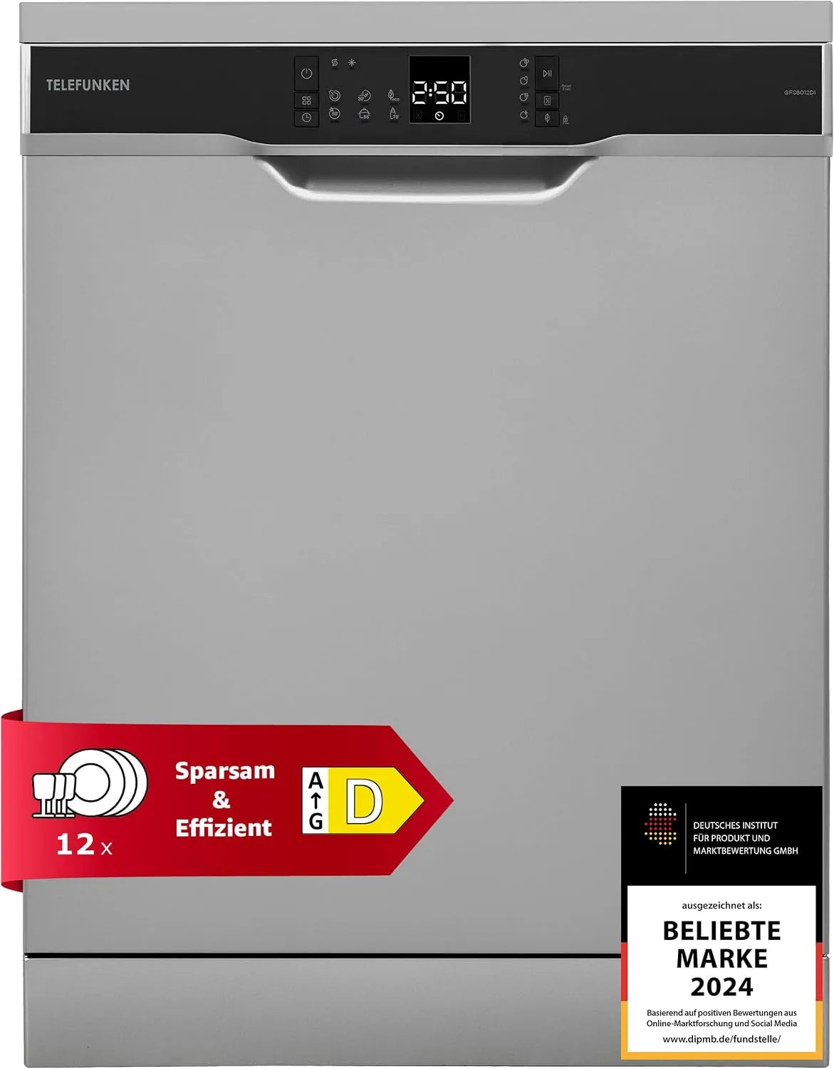 Telefunken Geschirrspüler GFS6012DI, in freistehender Ausführung 60 cm, leise 45 dB, 12 Maßgedecke, 6 Betriebsprogramme, Spülmaschine Silber, AquaStop