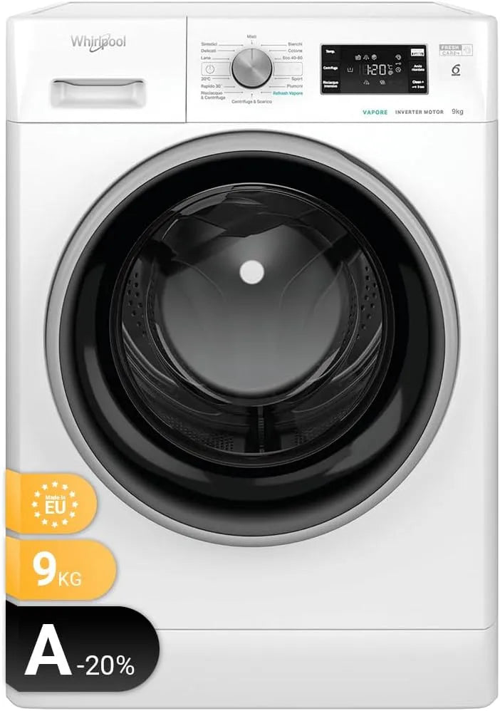 Whirlpool Waschmaschine 1400, Gewicht 9 kg, Technologie 6. Senso, Frontbeladung, Energieklasse A, FreshCare+, FFB R849 BSV IT, Maße: 59