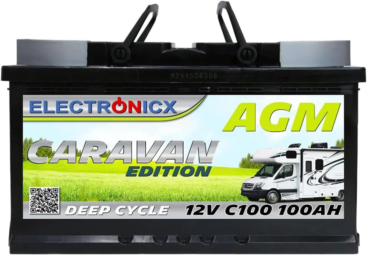 Caravan Versorgungsbatterie 12V 100Ah Electronicx AGM, 100 Ah Deep Cycle Batterie wartungsfrei versiegelt Pluspol rechts