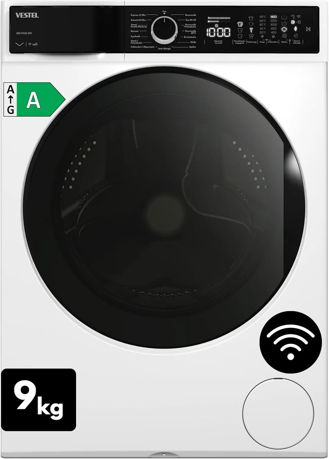 Waschmaschine WMI 99342 1400 VESTEL WIFI, Energieklasse A, WLAN-fähig, Schnellprogramm, App-Steuerung, weiß, VESTEL WIFI 9 kg Frontbeladung, min