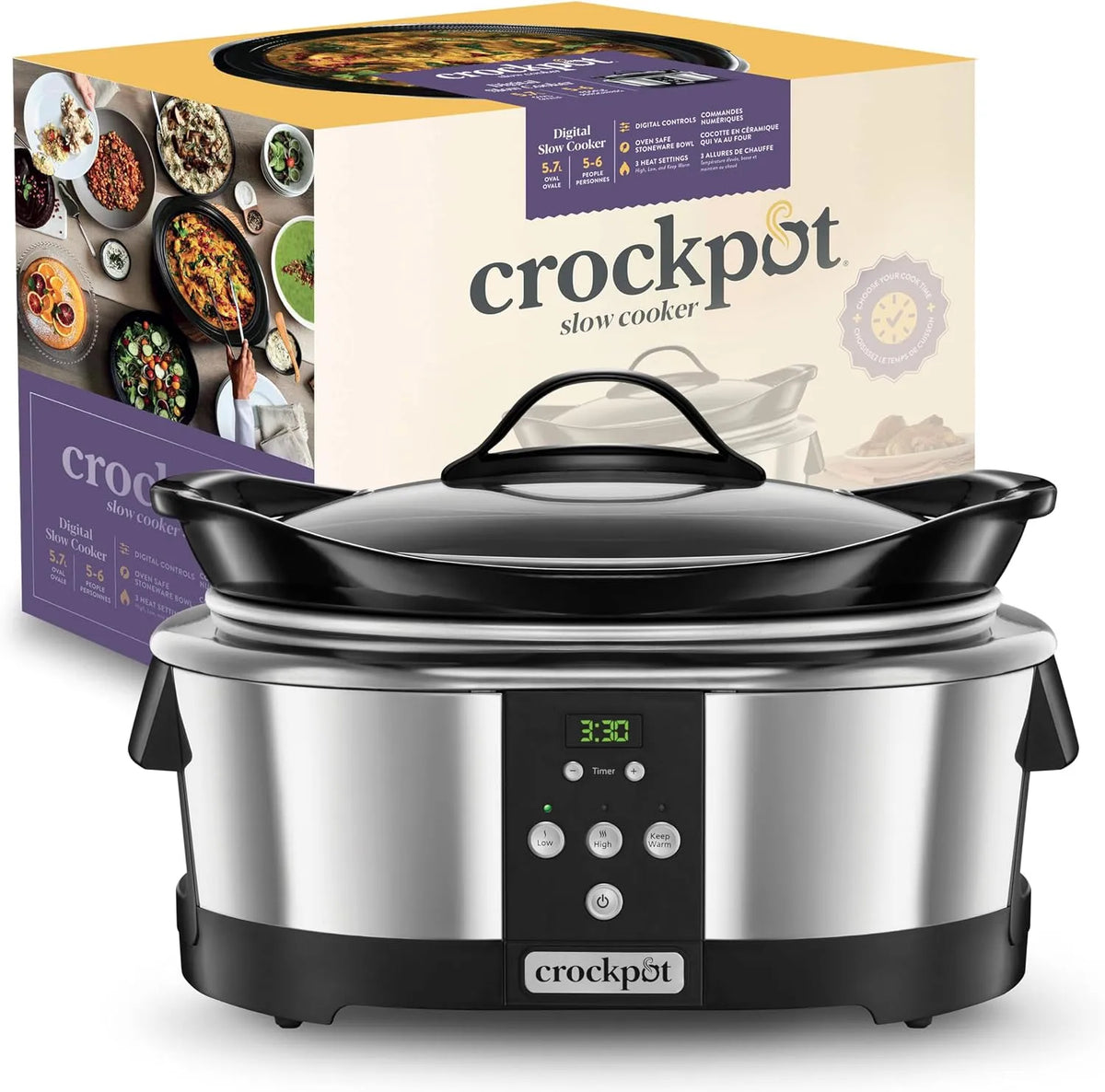 Modell Slow Cooker 20-Stunden-Timer SCCPBPP605 Crockpot Digital-Schongarer, Fassungsvermögen 5,7 l, 5–6 Personen, Ofenfeste Schüssel, Edelstahl
