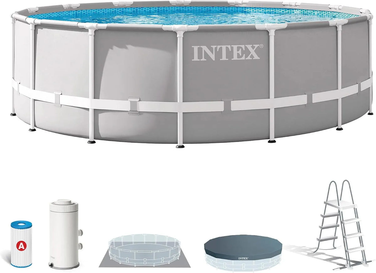 Intex Pool 26726NP, Filterpumpe 3785 L/h, Fassungsvermögen 16805 L, Maße 457x122 cm, Stahl und PVC, Aufstellpool Prism Frame Rund, Leiter, Farbe Grau