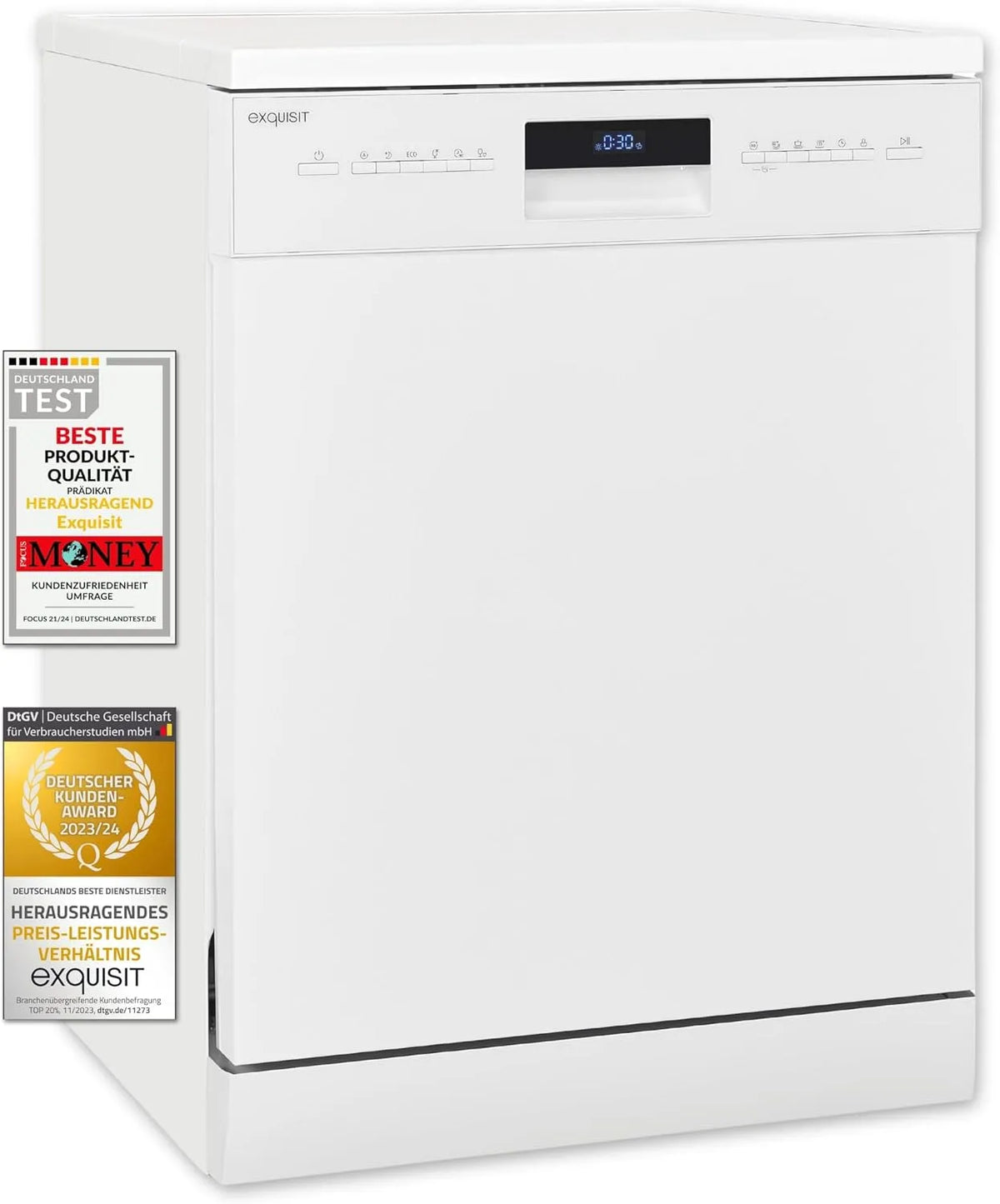 Exquisit Geschirrspüler GSP9614-030B, weiss, Auto-Door-Open, Spülmaschine in freistehender Ausführung 60cm, AquaStop