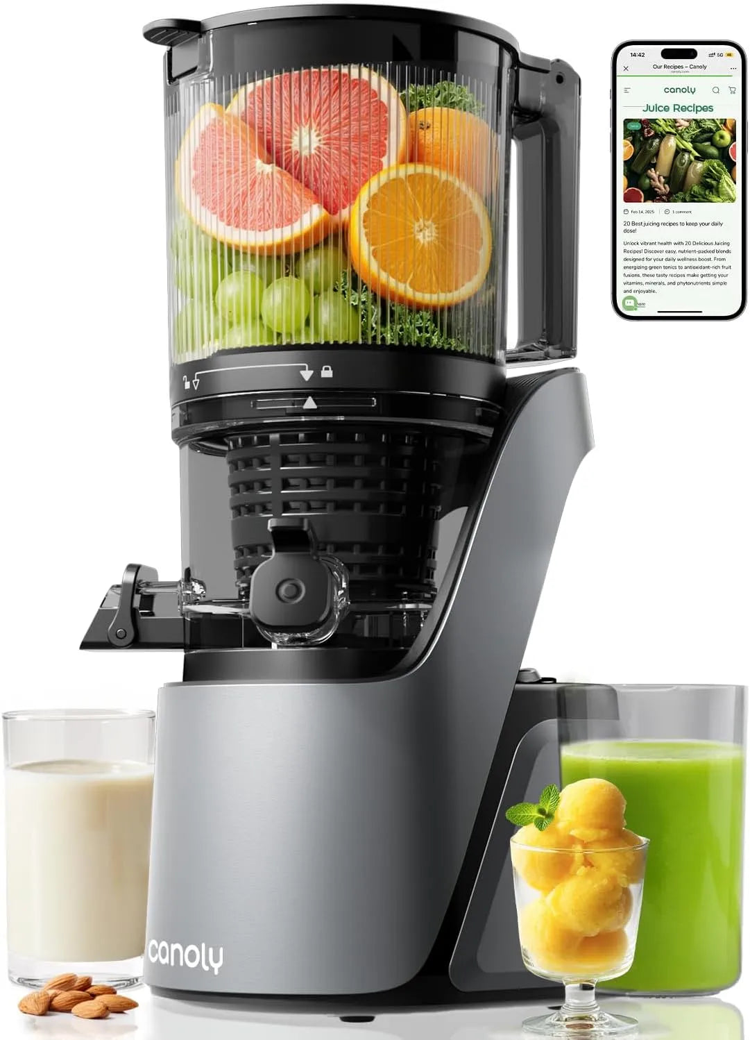 Entsafter Canoly, Slow Juicer mit 3-in-1 Sieb, für Saft, gemüse und obst, Farbe Grau, Leistung 350W mit 152mm extra Großer Einfüllschacht, AC-Motor