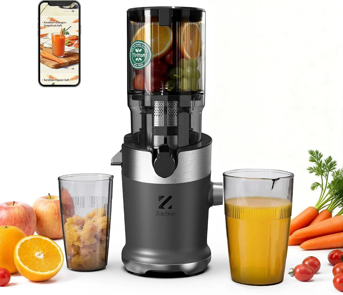 Entsafter, Slow Juicer mit 130mm Breite Fütterungsröhre für Ganze Gemüse und Obst Testsieger, Leistung 220W Kaltentsafter aus Tritan BPA-frei