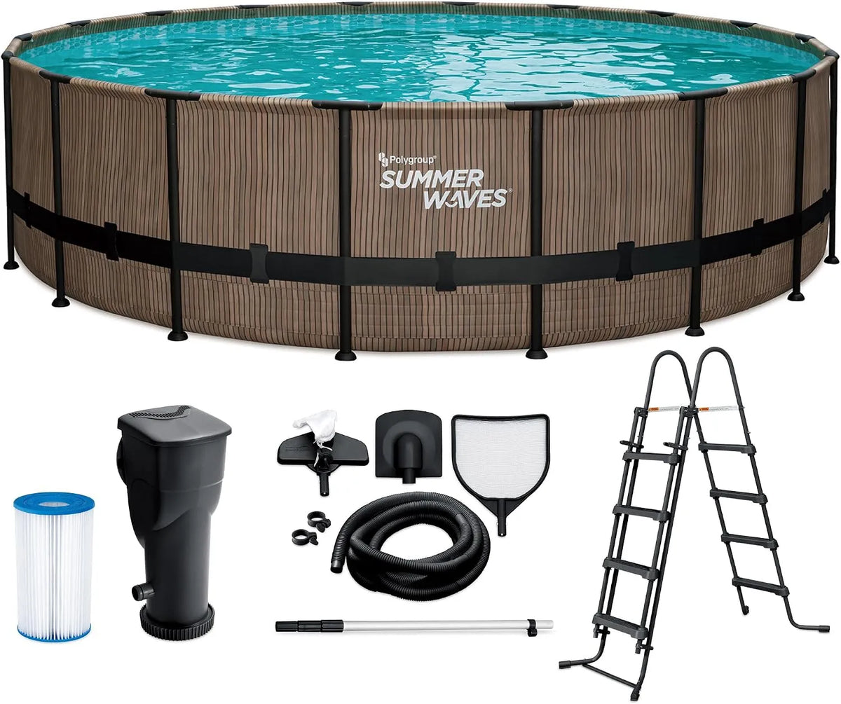 Braun Pool, Summer Waves Frame Komplettset, Gartenpool & Schwimmbecken inklusive. Filterpumpe, Abdeckplane, Rund 549x132 cm Teak Optik