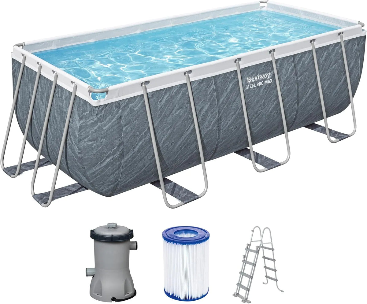 Bestway Pool, Power Steel Frame Set mit Filterpumpe 412 x 201 x 122 cm, Marmor-Optik, Schiefergrau, eckig