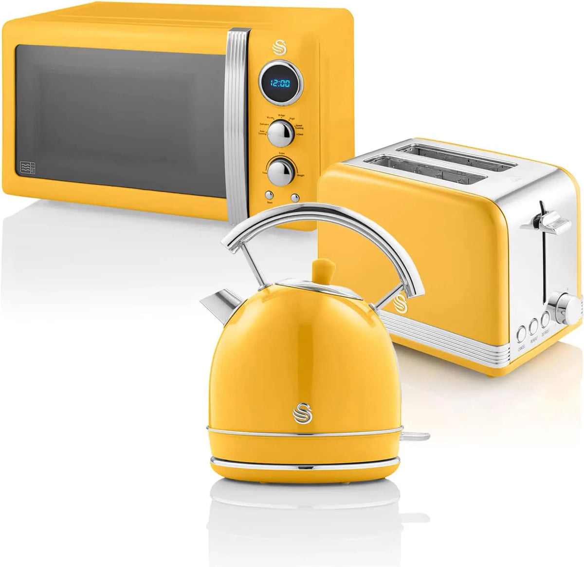 Wasserkocher, Fassungsvermögen 20L Digital-Mikrowelle, Fassungsvermögen 6 Leistungsstufen, Spiegeltür, Gelb, Swan Retro Frühstücks-Set 1,8 L, Timer