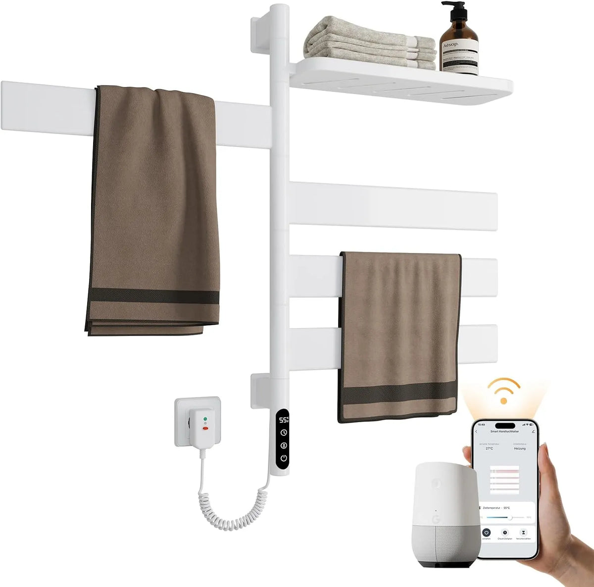 Elektrisch EMKE Handtuchheizkörper, Leistung 120W, Elektrisch 120W, 180° Drehung Badheizkörper Elektrisch mit Lagerregal