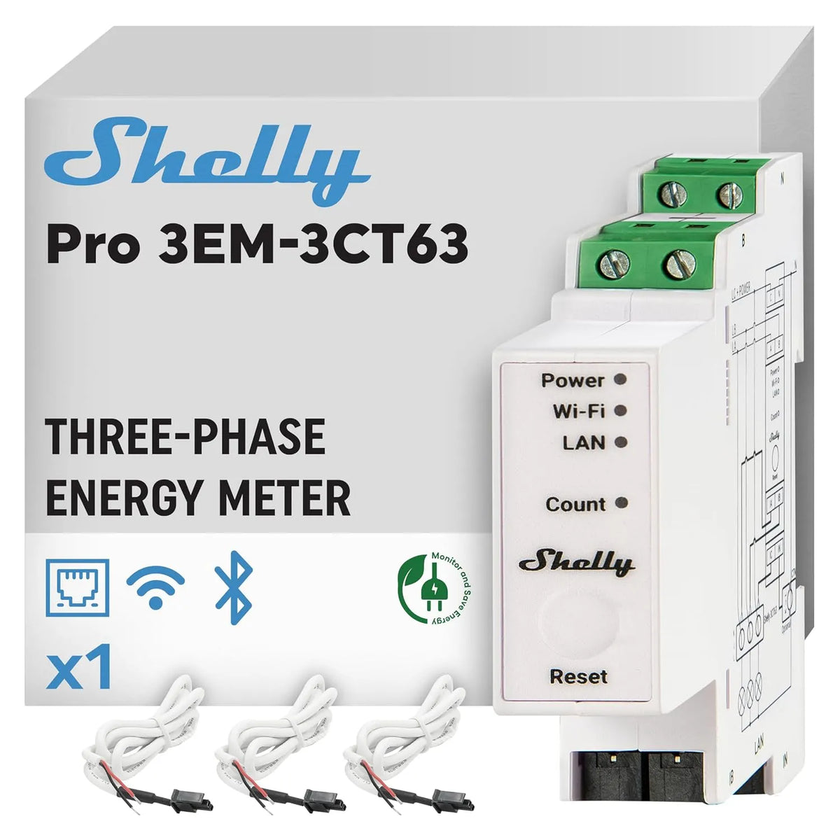 Modell 3EM 3CT63 3-Phasen-Energiezähler Shelly Pro, WLAN und LAN & Stromwandler, kein Hub Erforderlich, Grid-Metering, PV-kompatibel, 63А, Solar