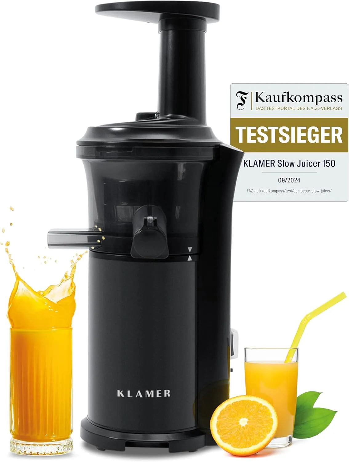 Entsafter, elektrische Fruchtpresse mit Bürste und 2 Behältern, KLAMER Slow Juicer Gemüse und Obst, mit Rückwärtsgang, schlankes Design, in Schwarz