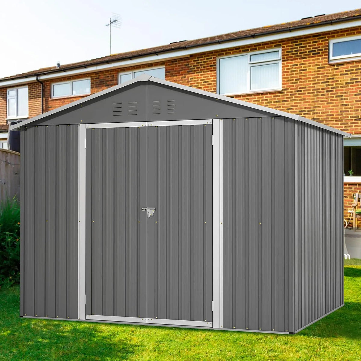 Gerätehaus Metall, Maße 229x192,3x180 cm, Gartenschrank mit 2 Türen & Stauraum, Geräteschuppen Gartenhaus mit Satteldach, Anthracite