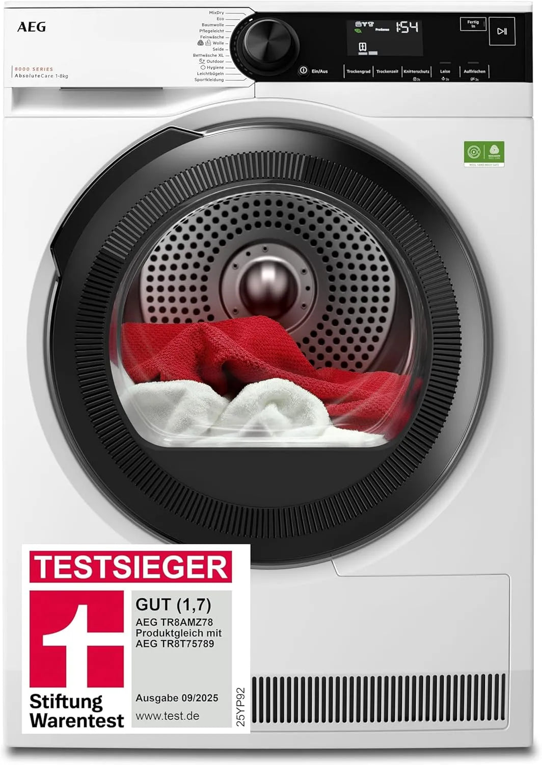 AEG Wärmepumpentrockner 8000 TR8AMZ78, Gewicht 8kg, Testsieger der Stiftung Warentest 2025, neue Energiekl. B, Reversierautomatik für Knitterschutz