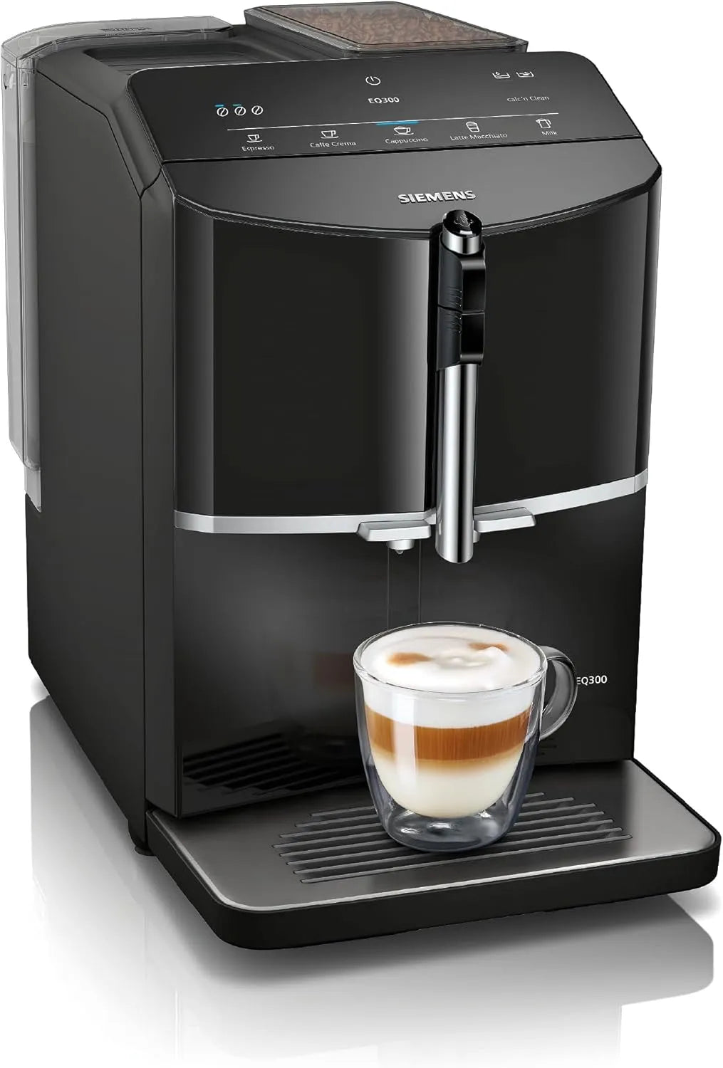 Siemens Kaffeevollautomat EQ300 TF301E19, Milchaufschäumdüse für Cappuccino, entnehmbare Brüheinheit, in Schwarz, Latte Crema