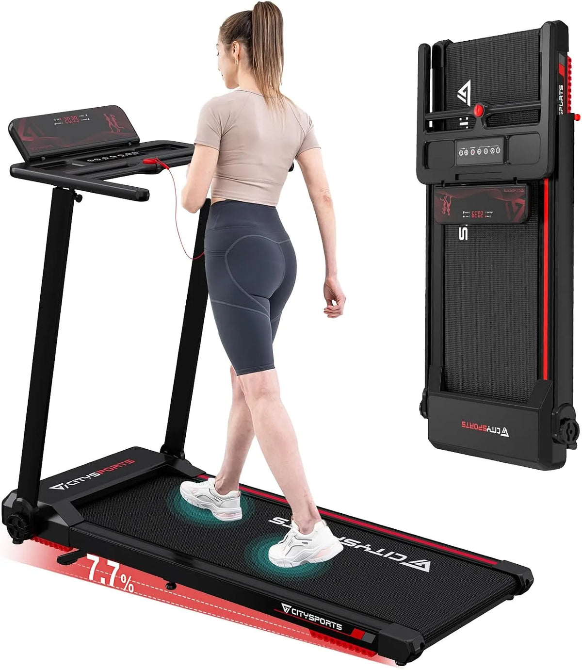 Tablet, Klappbares Laufband für Zuhause bis 12 km/h, APP und 360° Holder, CITYSPORTS Elektrisches Laufband, mit LED-Anzeige