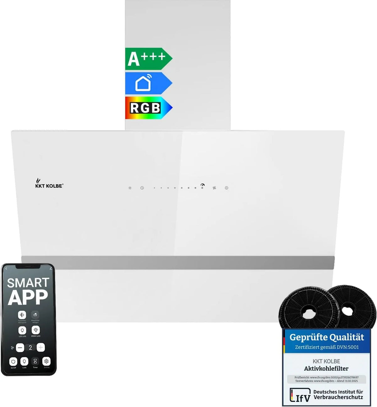 Dunstabzugshaube EASY6005WM KKT KOLBE, Breite 60 cm, 782 cbm, Smart WiFi App WLAN, h Umluft Abluft, Kopffrei, Wandhaube, Weiß Glas