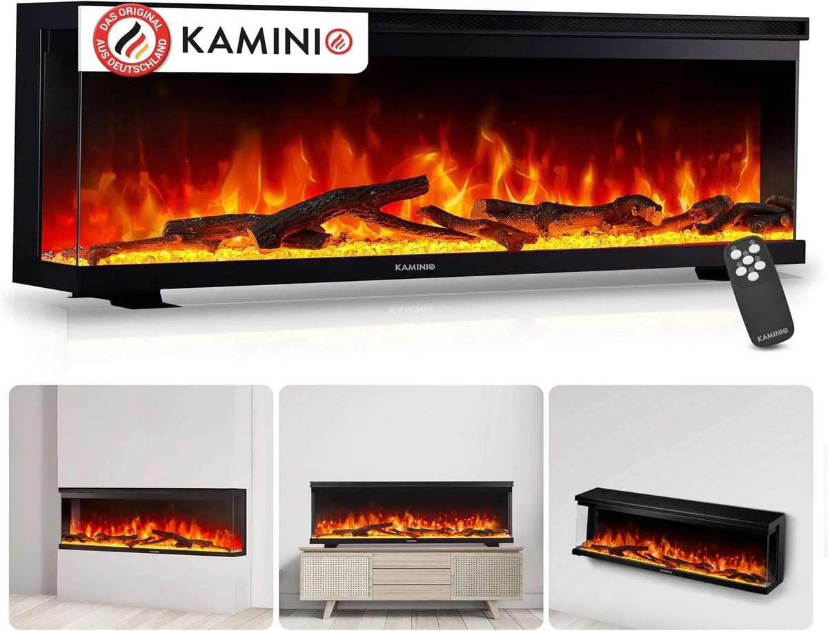 Elektrokamin 3D-Flammeneffekt, Elektrischer 3-in-1 Kamin mit Panoramaview, 12 Flammenfarben, 60 Zoll, LEA, Heizung, Fernbedienung