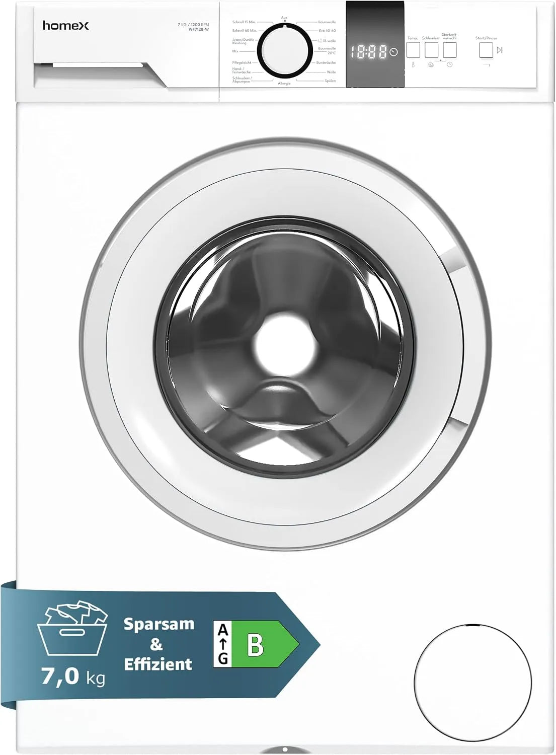 Waschmaschine 1200 WF712B-W homeX, Gewicht 7kg, Washing Machine mit 15 Programmen, Inverter-Motor, Frontbeladung mit U, Min., Leise & Effizient, EEK B