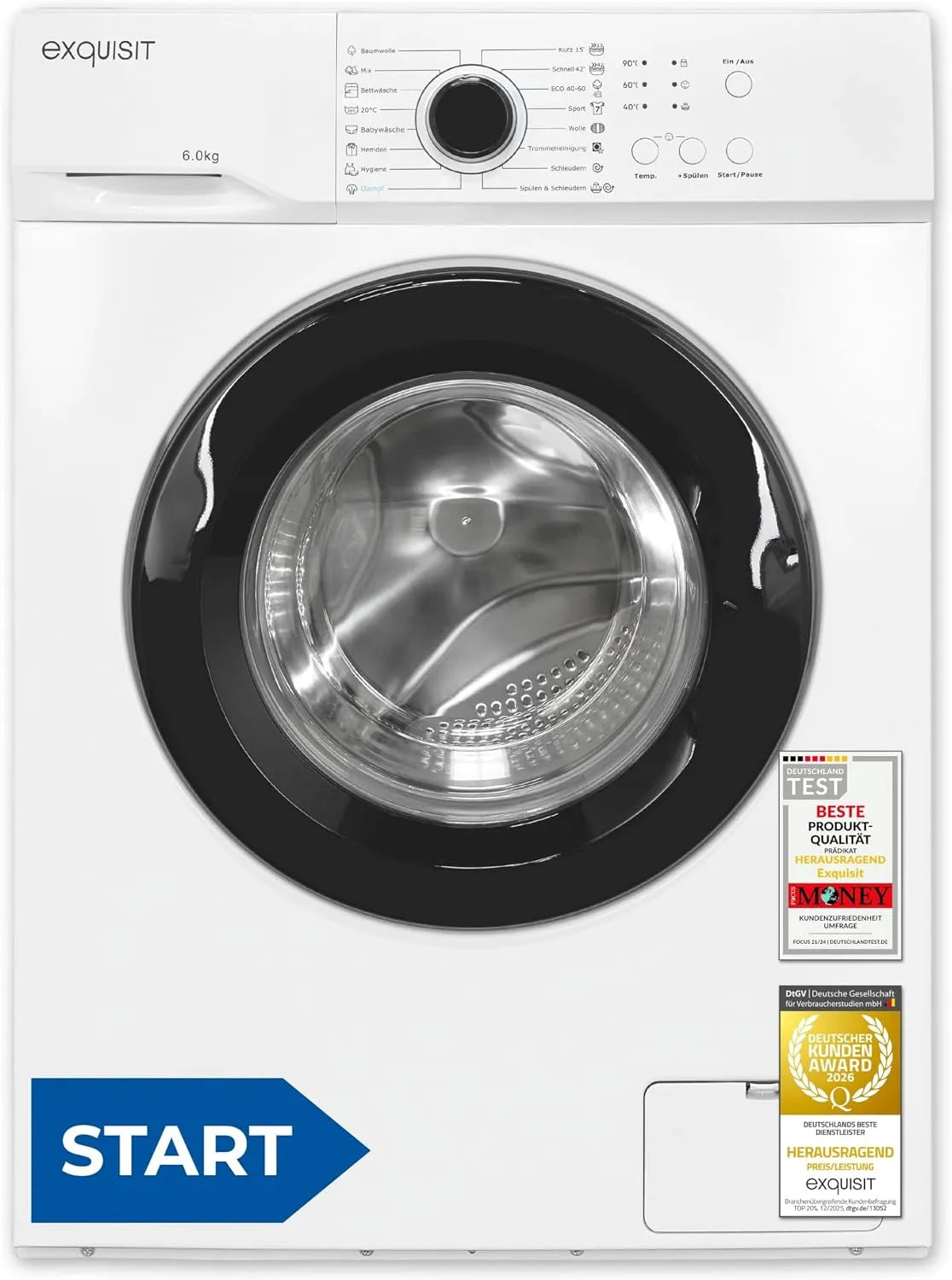 Exquisit Waschmaschine 1000 WA56110-020A, 76 dB, 16 Betriebsprogramme, Energieklasse A, manuelle Temperaturwahl, weiss, Gewicht 6 kg Nennkapazität
