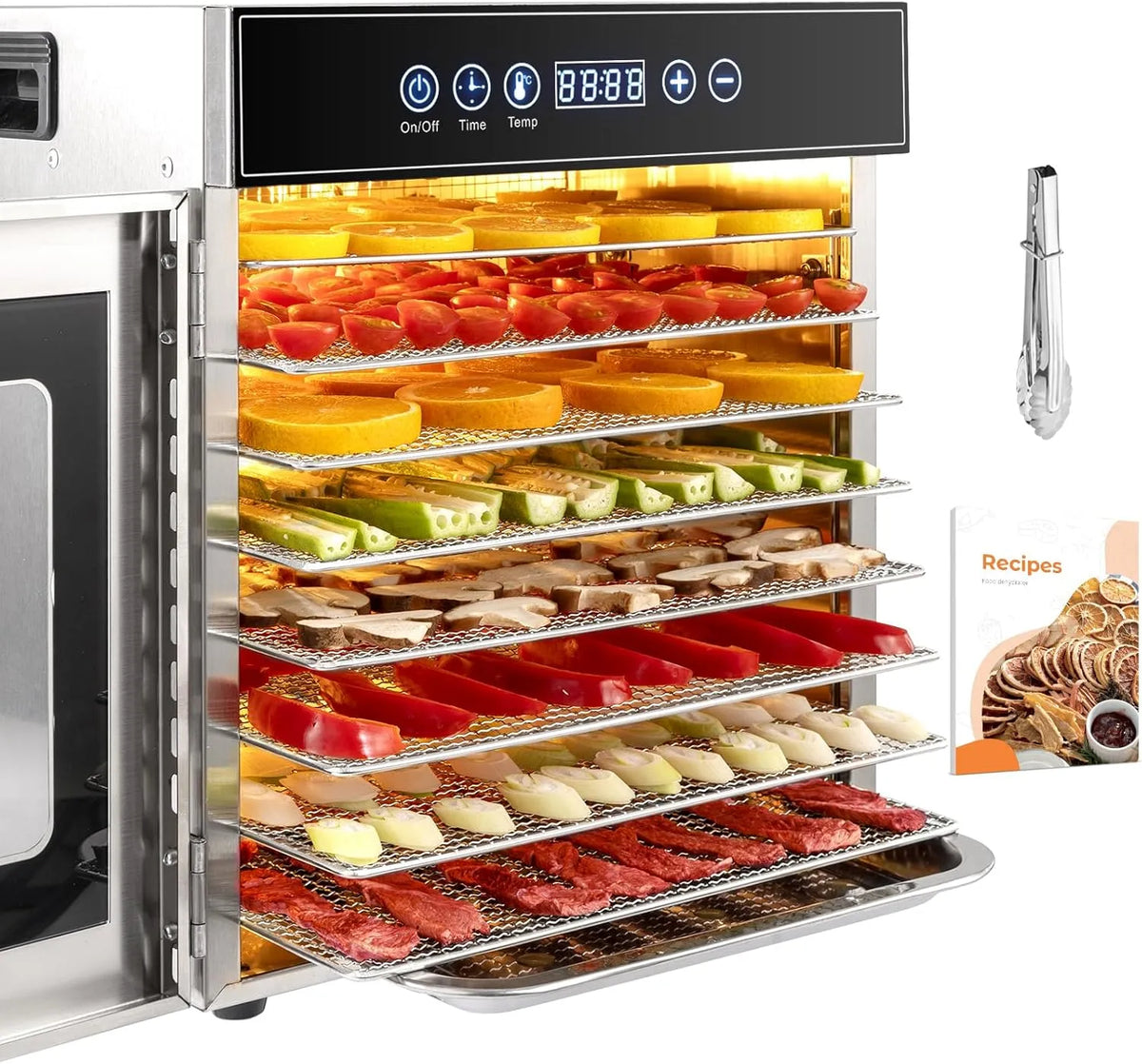 Modell Edelstahl mit Rezeptheft 24h Kwasyo Dörrautomat, Dörrgerät Temperaturregler von 30-90℃, 8 Etagen, Timerfunktion von Dörrzeit, BPA-frei