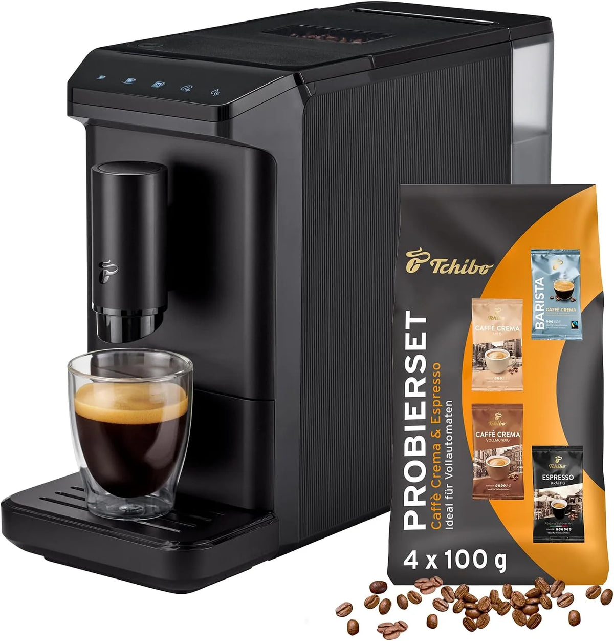 Kaffeevollautomat Tchibo, nur 16cm breit, Esperto mini für Caffè Crema und Espresso, klein und kompakt, geeignet für jede Küche, Camping