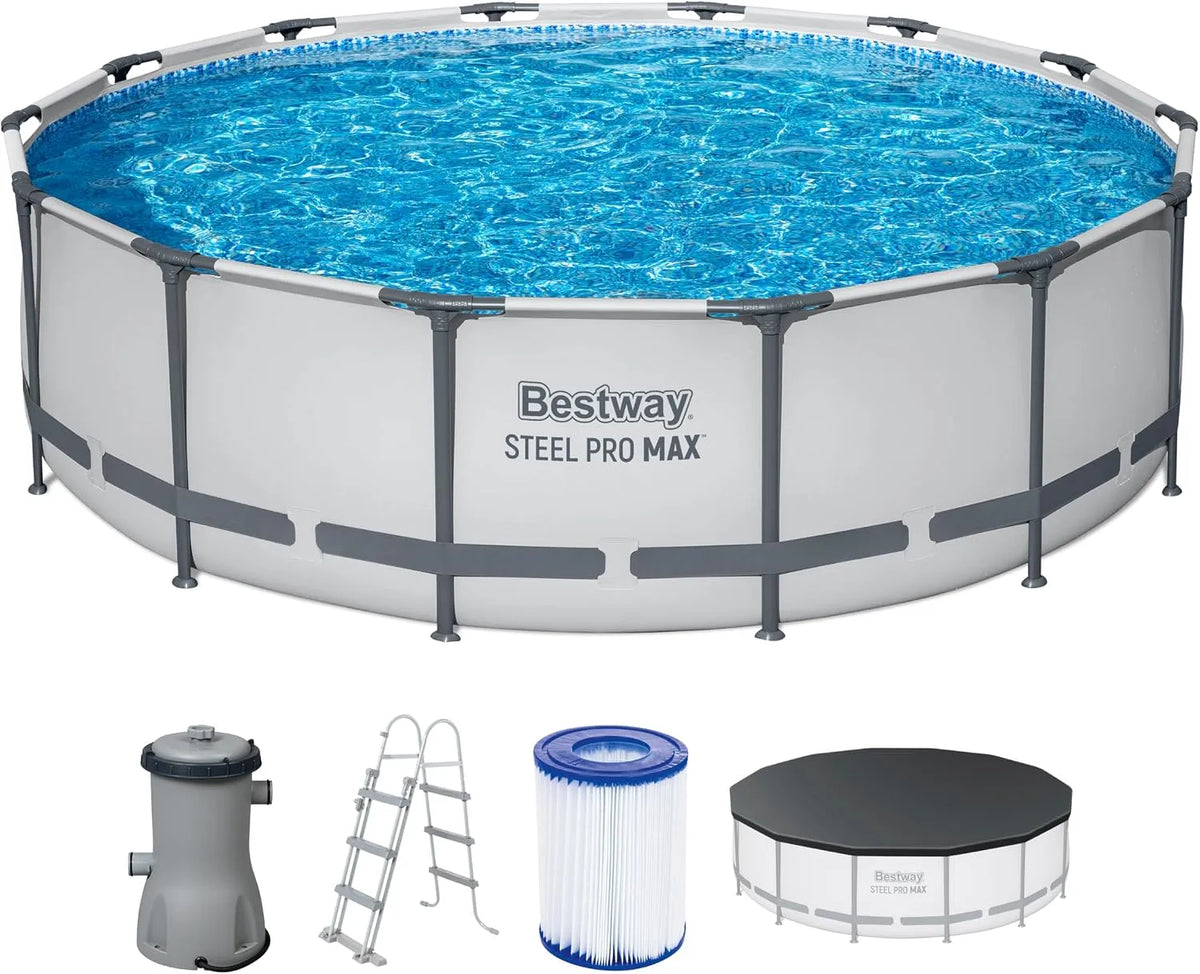 Bestway Pool, Steel Pro MAX Frame Komplett-Set mit Filterpumpe Ø 427 x 107 cm, lichtgrau, rund