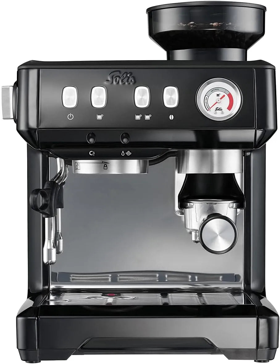 Espressomaschine 1018 Solis, Grind & Infuse Compact, Manometer, Heißwasserdüse, Doppelauslauf, 51 mm Siebträger, Siebträgermaschine, Dampf
