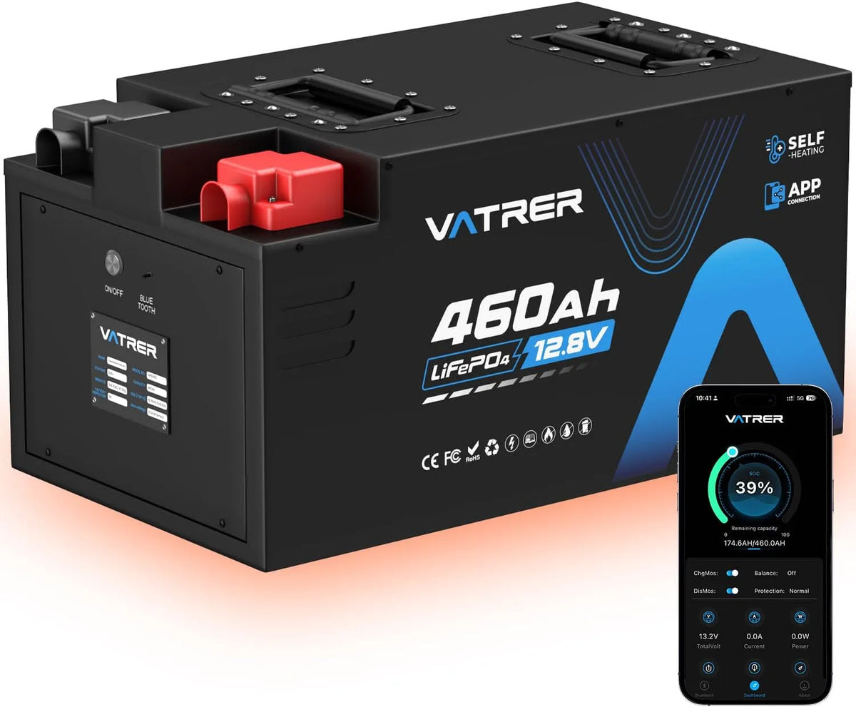 Modell 460Ah Selbstaufheizende RV- & Wohnmobil-Batterie LiFePO4 5888 5000 VATRER POWER, APP-Überwachung, integriertes 300A BMS, über Zyklen