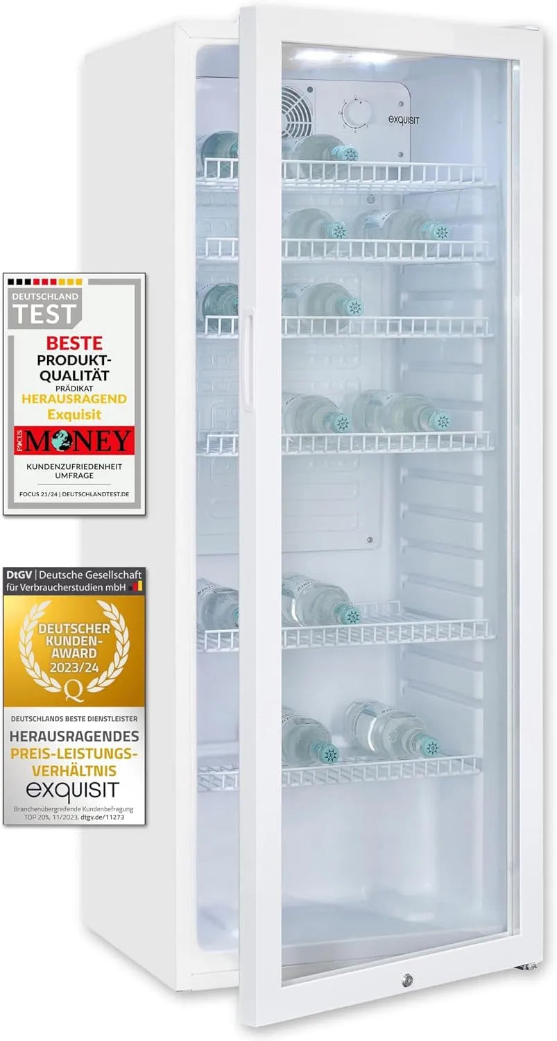 Exquisit Kühlschrank GKS240-GT-160C, 6 Gitterablagen, Türschloss, Standgerät, Nutzinhalt: 237 L, Glastürkühlschrank weiss, Umluftventilator