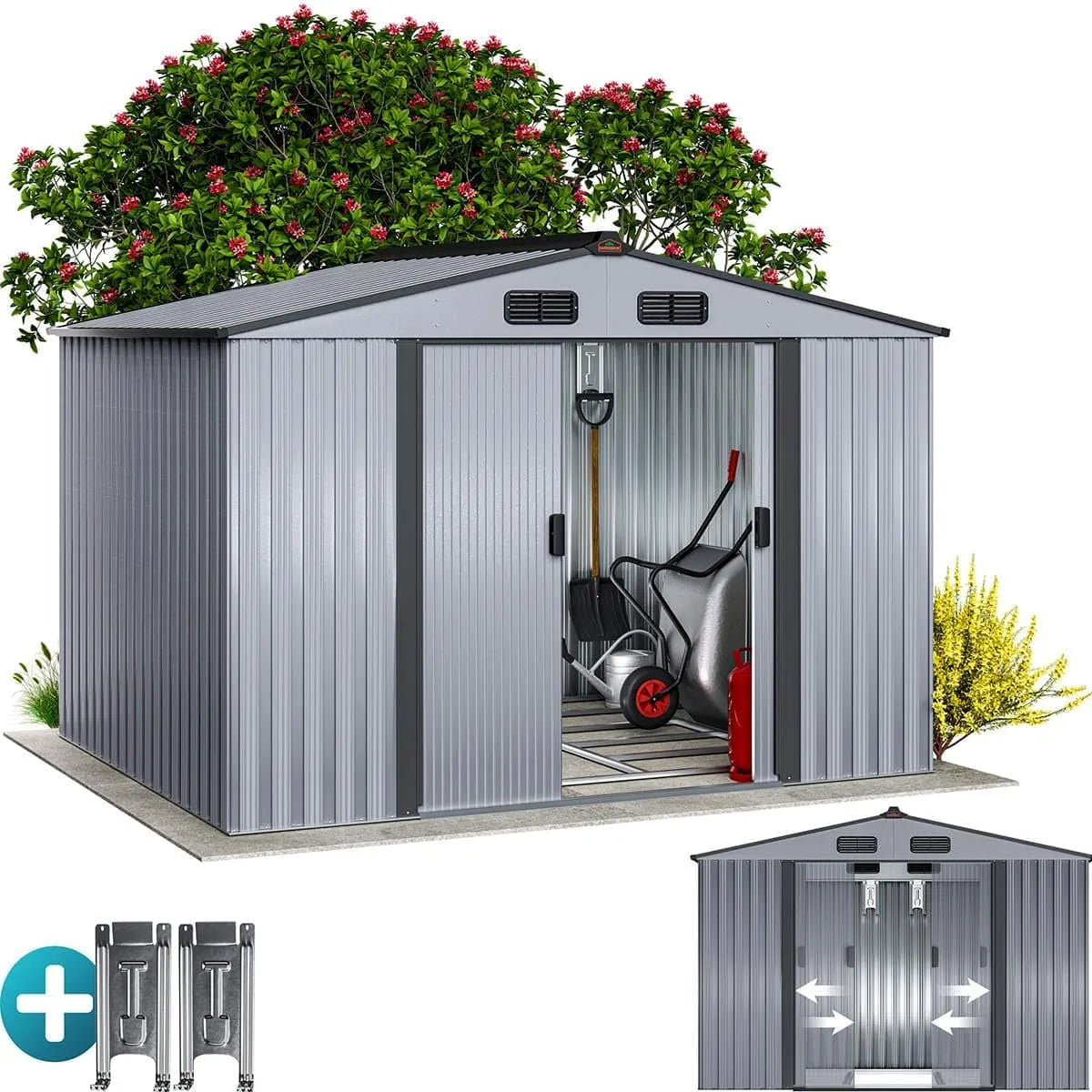 Gerätehaus GARDEBRUK XXL Metall, mit Fundament 260x205x180cm Schiebetür Metallic-Farbe Grau Geräteschuppen Gartenhaus 9m³, 5m²