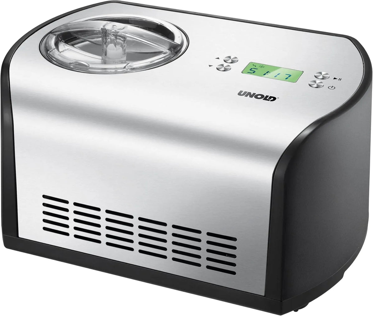Eismaschine 48865 Unold, 135 Watt,1,2 Liter Eiscreme, auch für veganes und laktosefreies Eis geeignet, LCD-Display, mit Kompressor, One, Edelstahl