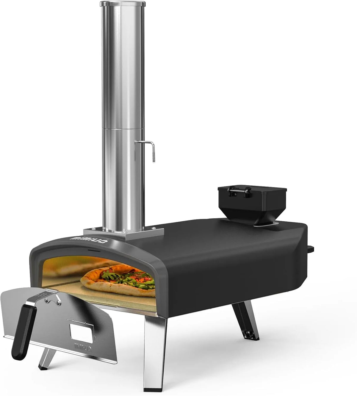 Pizzaofen mit Pizzastein Mimiuo Pellet, Tragbarer Outdoor Pizzaofen für Pellets, Pizza Oven Ideal für Camping & Garten, in Schwarz