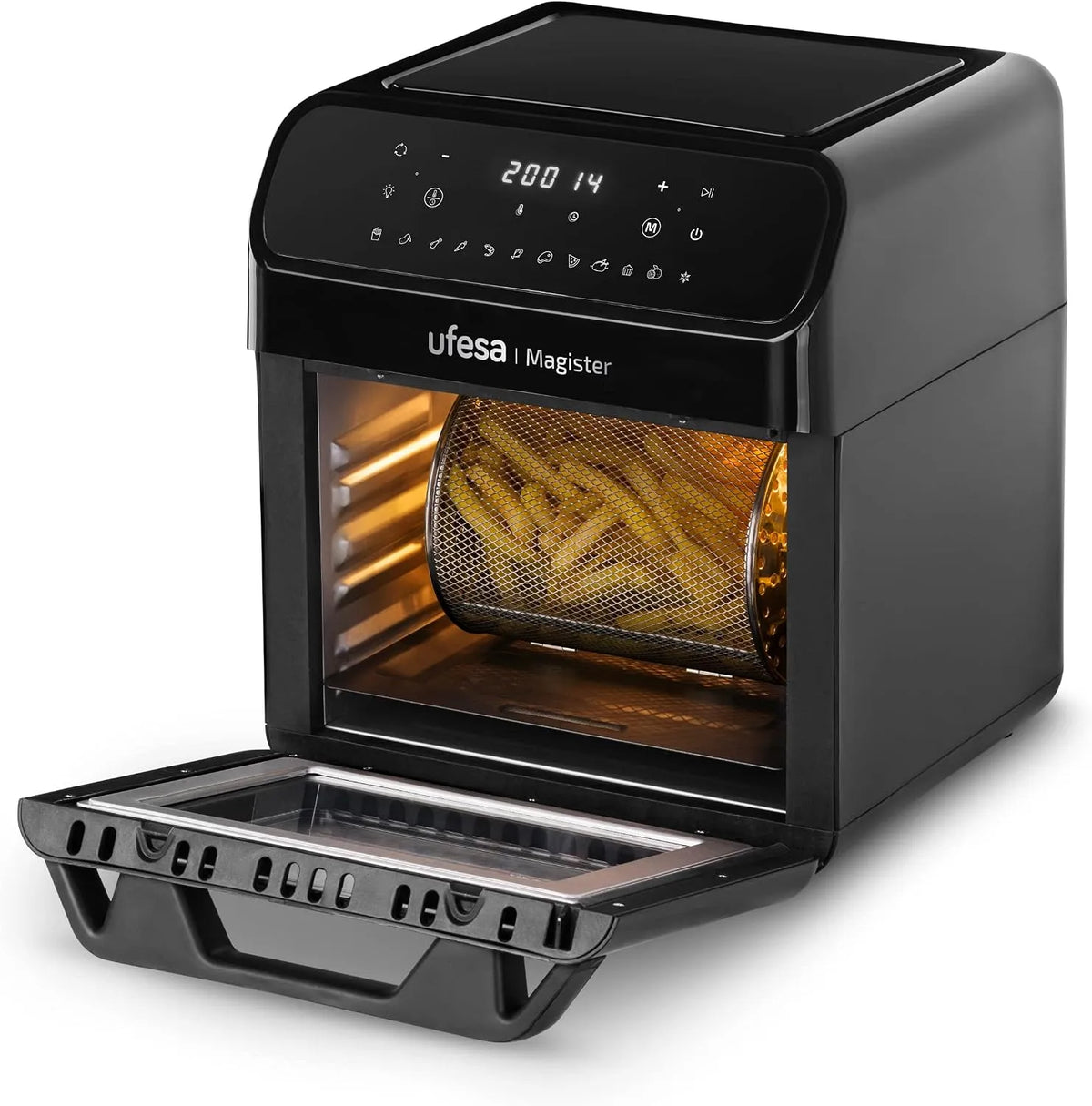 Modell Heissluftfritteuse XXL 200ºC Ufesa Magister, Leistung 1850 W, 6 Zubehör Mit Drehspieß, Temperatur, BPAfrei, Black, Airfryer 12 L