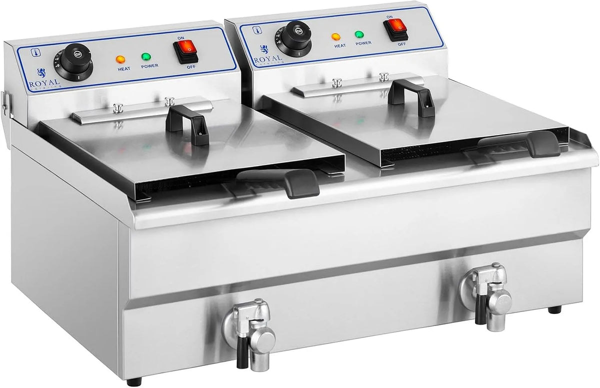 Kommerzielle Fritteuse Royal Catering, Kapazität 2 x 16 l 13 kW 400 V 60-200 °C Kaltzone Ablasshahn autom. Abschaltung