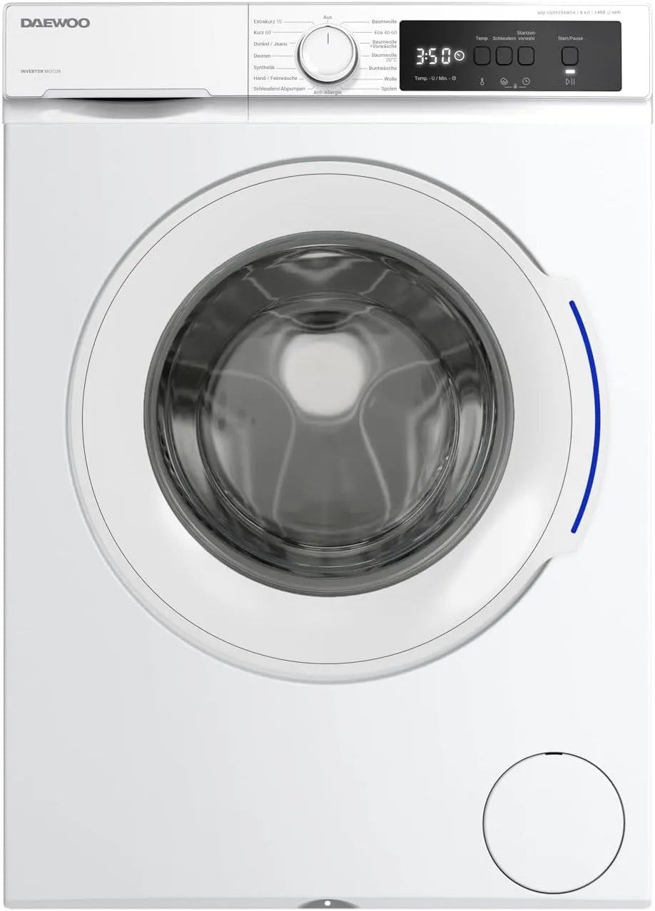 Daewoo Waschmaschine WM-FBR9594W0A-DE 1400, 15 Betriebsprogramme mit Kurzprogramm, min., Weiß, Gewicht 9kg, Frontbeladung, AquaStop