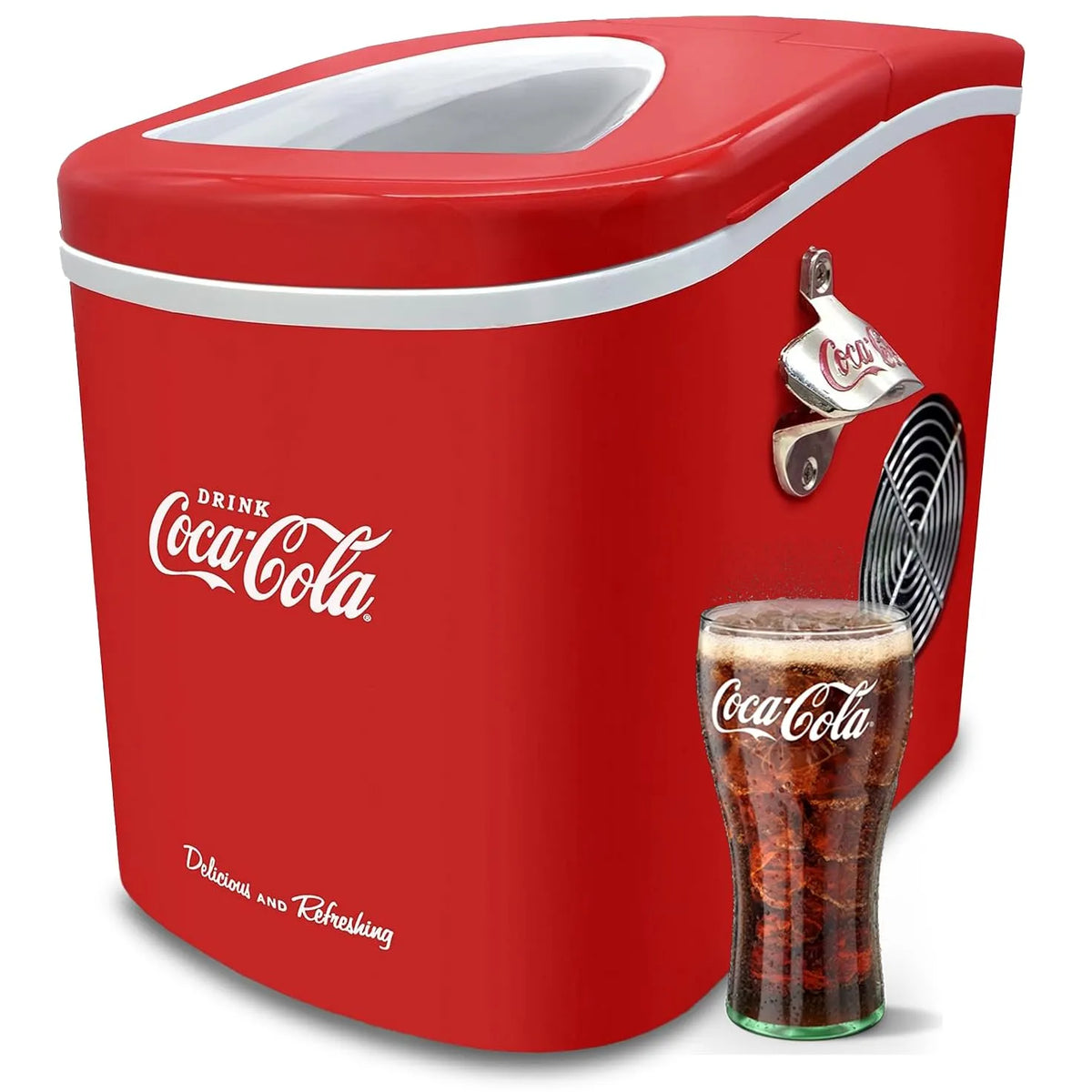 Cola Eiswürfelmaschine Salco Coca, Gewicht 12 kg Eiswürfel pro Tag, Ice Maker mit 2 Eiswürfelgrößen, Getränke & Partys, Retro-Design Rot