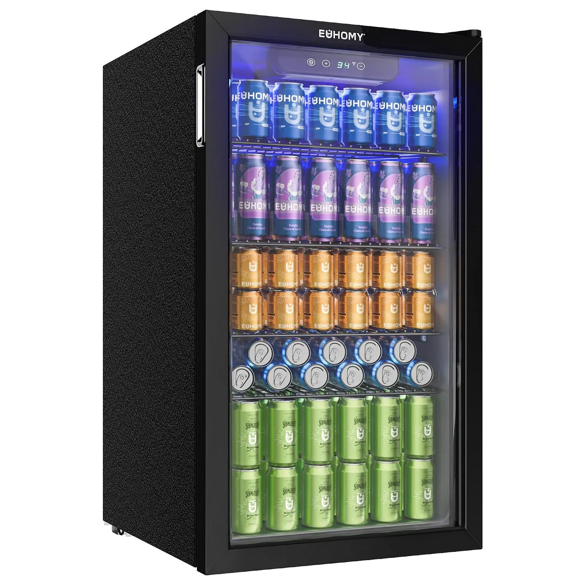Kühlschrank, Mini für 126 Dosen mit Glastür, kleiner mit verstellbaren Regalen für Limonade, für Zuhause, in Schwarz Edelstahl, Bier oder Wein