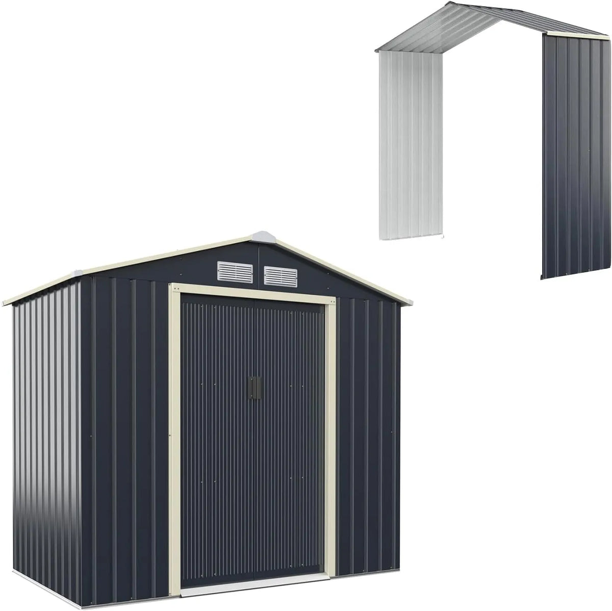 Gerätehaus HOMASIS, Geräteschuppen mit Satteldach & 4 Lüftungsfenster & 2 Schiebetür, Erweitert 213x191x195cm, Metall, Farbe Grau