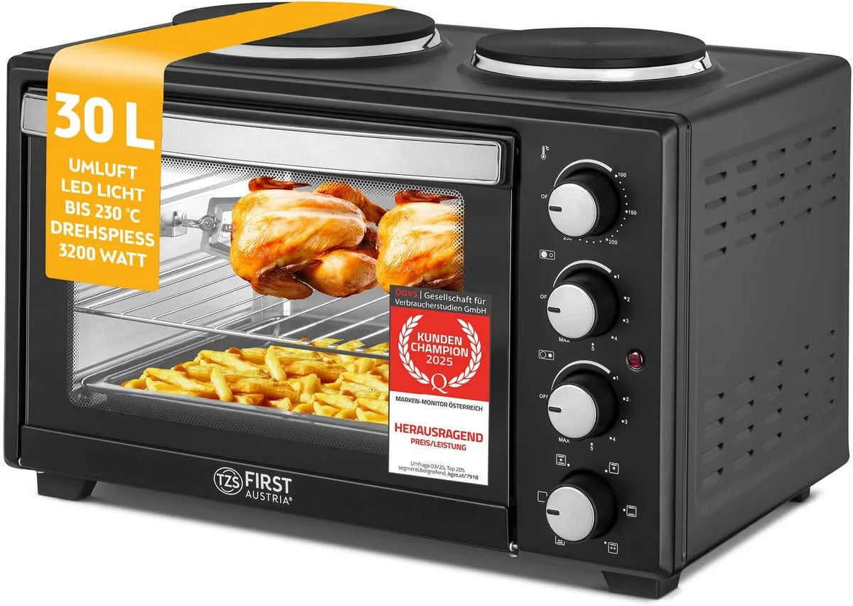 Backofen, Minibackofen mit Kochplatten 30L 3200 W, Mini Pizzaofen mit Herdplatten bis 230°C & 6 Heizmodi, TZS First Austria