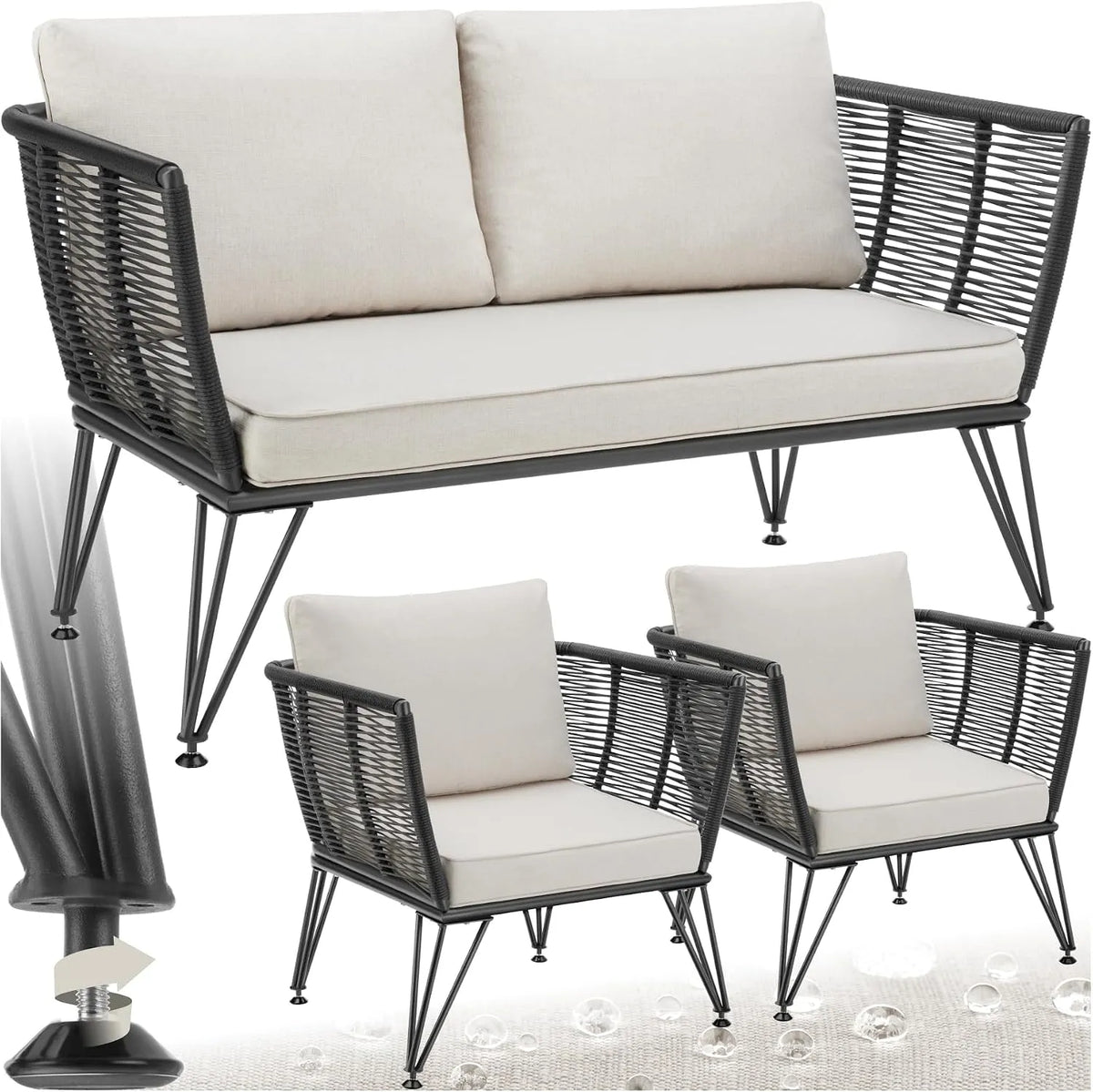 Sofa 2er, tectake Rattan Lounge Set, mit und Set Outdoor Sessel, Lounge Möbel Outdoor, Balkon Möbel, Rattan Gartenmöbel, Outdoor Kissen wetterfest