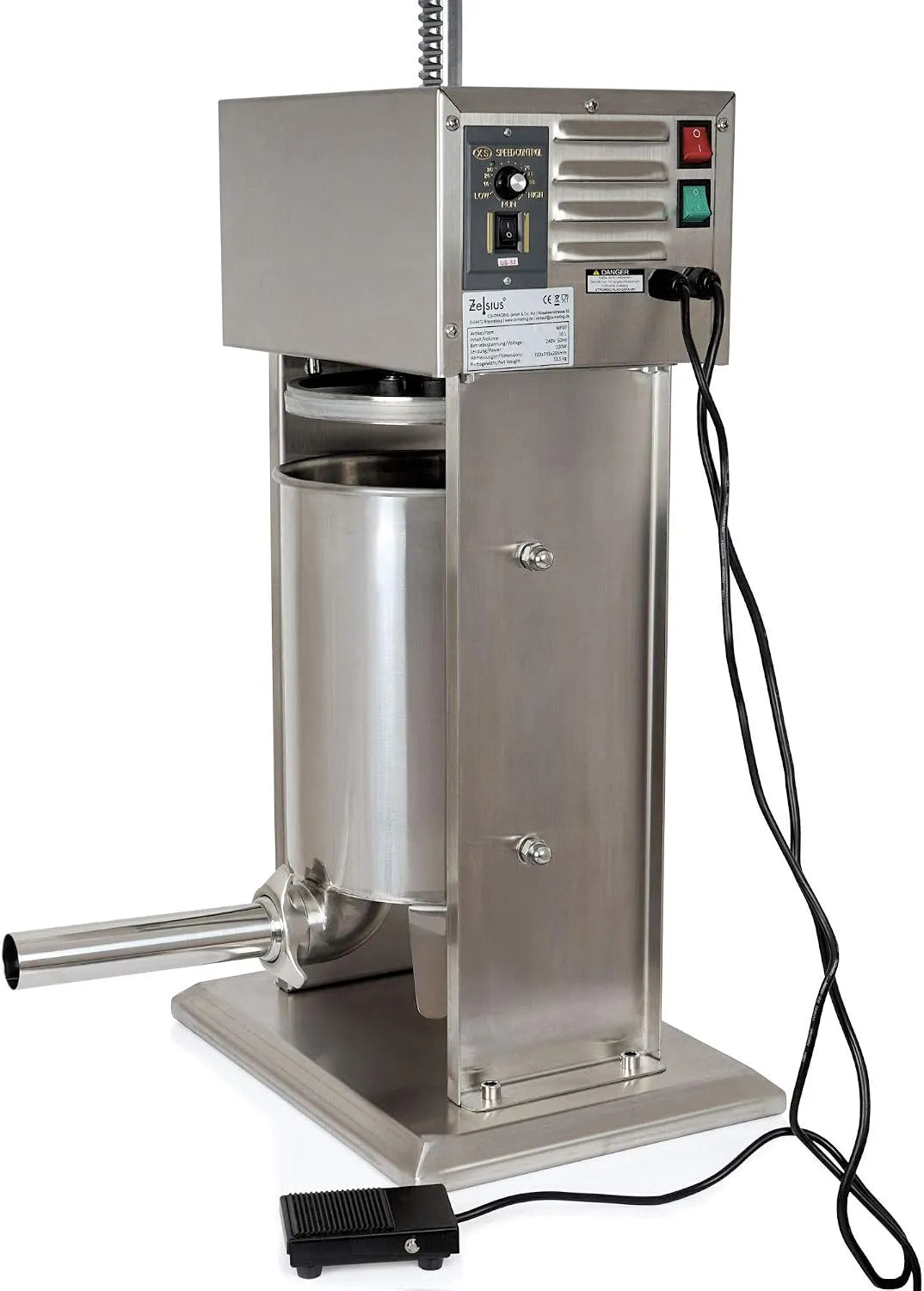 Wurstfüller Fassungsvermögen 10L Wurstfüllmaschine elektrisch Edelstahl Wurstpresse Zelsius elektrischer, mit Fußpedal 4x Fülltülle 3x Ersatzdichtung