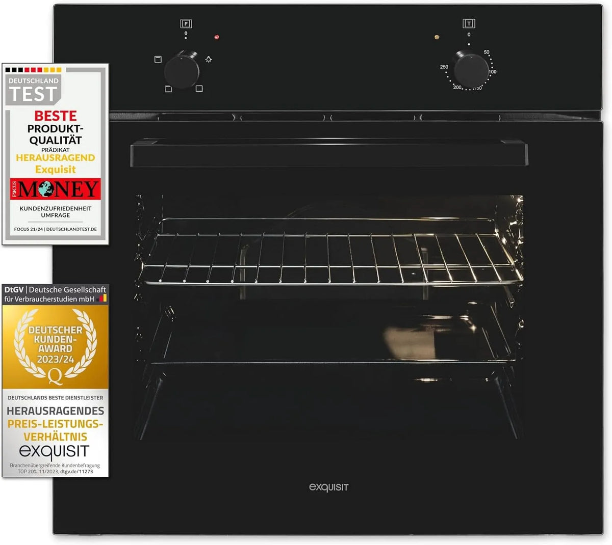 Exquisit Backofen EBE255-020, Fassungsvermögen 59,0 l Garraum, Einbaubackofen 60 cm, Einbaubackofen in Schwarz, Energieeffizienzklasse A