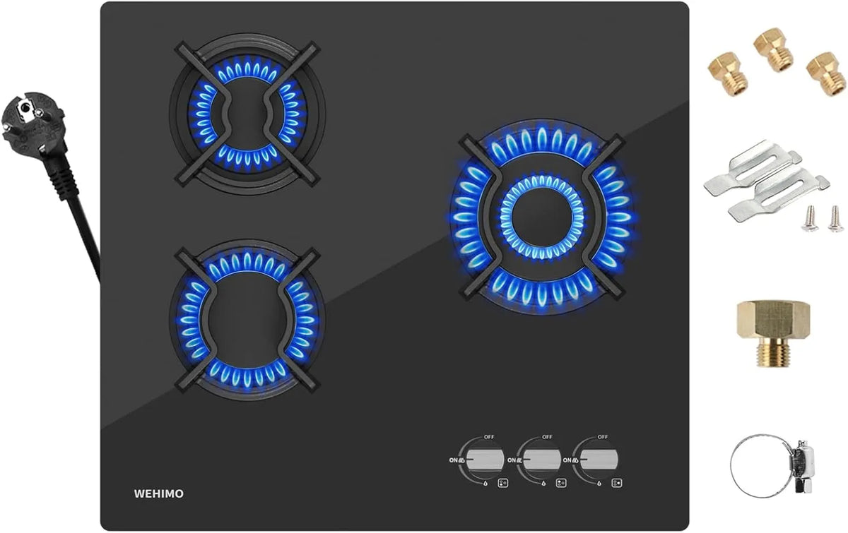 Kochfeld 3300W+2700W+1750W, Leistung 7750W, Glas Einbau-Gaskochfeld, Geeignet für Alle Töpfe, Gaskochfeld 3 Flammig 59cm, 3 Kochzonen, Schwarzes Glas