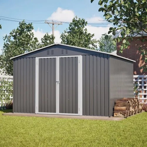 Geräteschuppen, aus Metall 10 x 8 Fuß, wetterfester Stahlblech-Schuppen für Rasenmäher und Fahrräder, Gartenhaus mit Schiebetür, Garten Lagerhaus