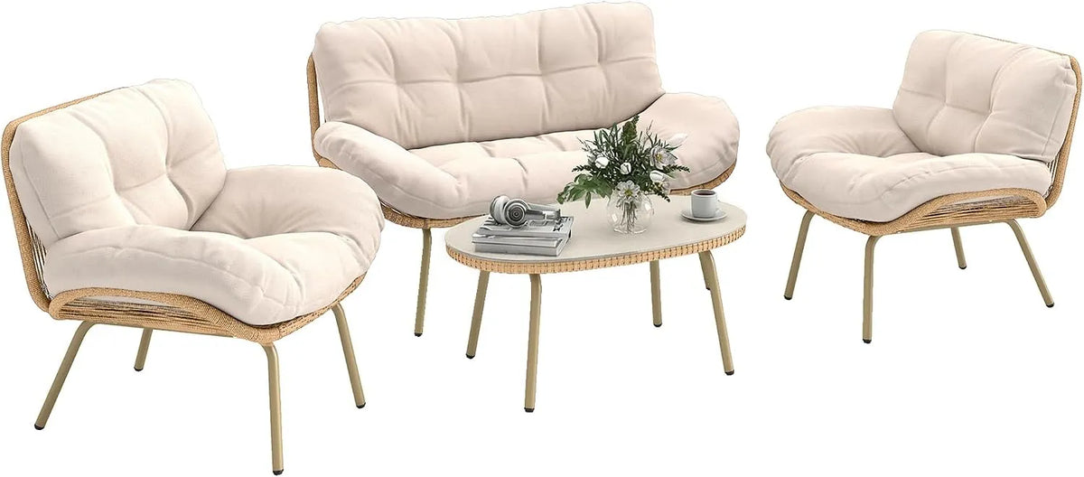 Tisch Outsunny, Gartenmöbel Set 4-teilig Polyrattan Lounge-Set, mit Zweisitzer 2 Sessel Tiefem Sitz Dicke Kissen Kunststoff-Tischplatte
