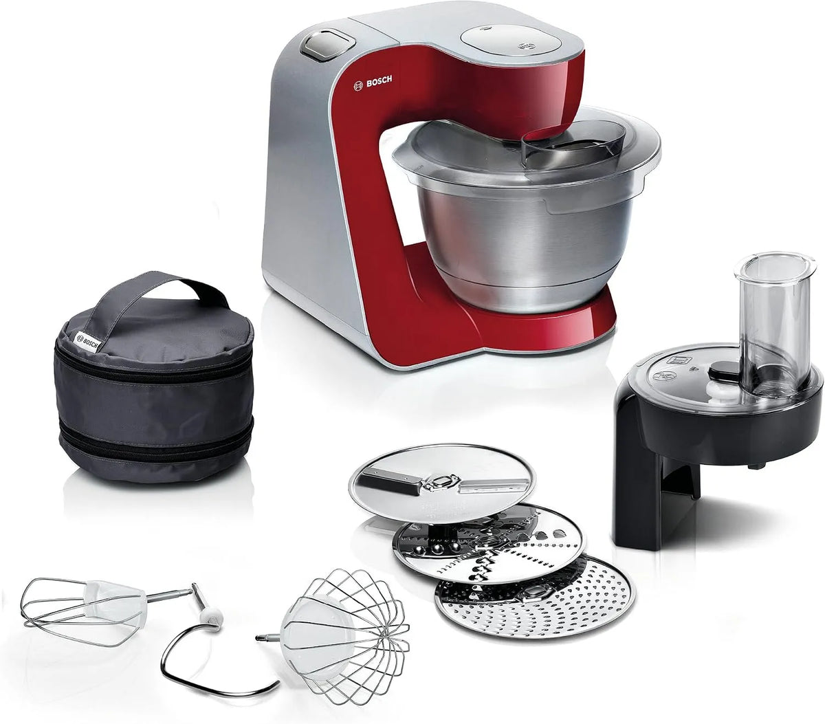 Bosch Küchenmaschine MUM58710, Leistung 1000 W, 3 Rührwerkzeuge spülmaschinenfest, Durchlaufschnitzler, rot, 3 Scheiben, Planetenrührwerk