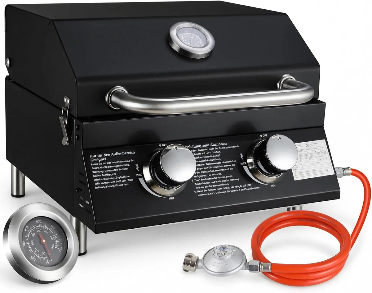 Gasgrill, 42x33 cm Grillfläche, 4 PCS Füße, Thermometer, Balkon, in Schwarz, TLSUNNY 2 Brenner Klein, Leistung 4.4kW, Camping für BBQ
