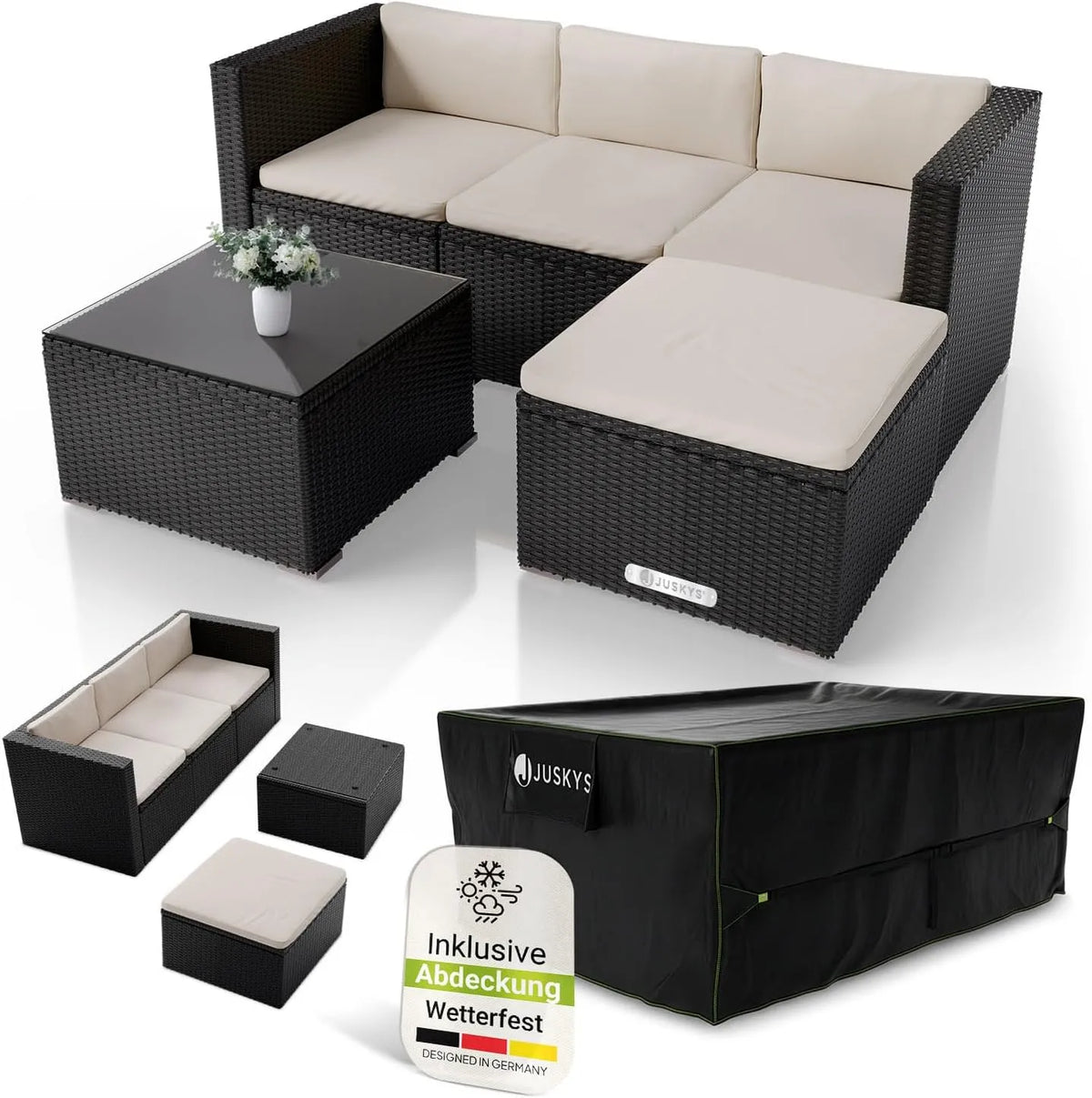 Sofa, Tisch & Kissen, Sitzgruppe für Garten, Gartenmöbel Set wetterfest, in Schwarz, Sessel, Terrasse & Balkon, Creme